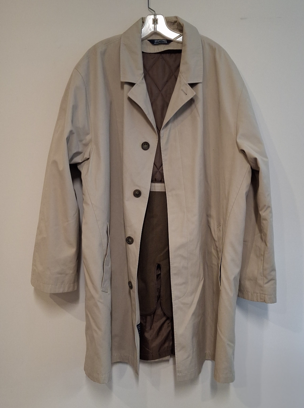 Stafford Classic Men's Beige Single-Breasted Lined Trench Coat Size XL